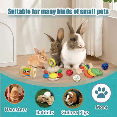 QWR 9PCS Chinchillas, Wooden Bunny Toys,Safe Rabbit & Guinea Pigs Teeth Grinding Toy for Hamsters & Small Animals