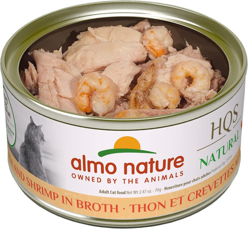 almo nature HQS Natural Tuna with Shrimps, Grain Free, Additive Free, Adult Cat Canned Wet Food, Flaked, 24 x 70g
