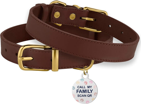 BRONZEDOG Leather Dog Collar with Metal Buckle, Durable Basic Pet Collars, Dark Brown & Gold