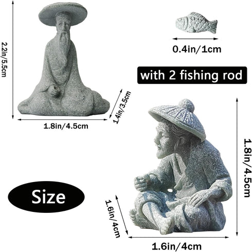 2Pcs Asian Japanese Sandstone Sitting Fishing Figurines, Mini Fisherman Statue Vintage Ornament for Fish Tank Garden