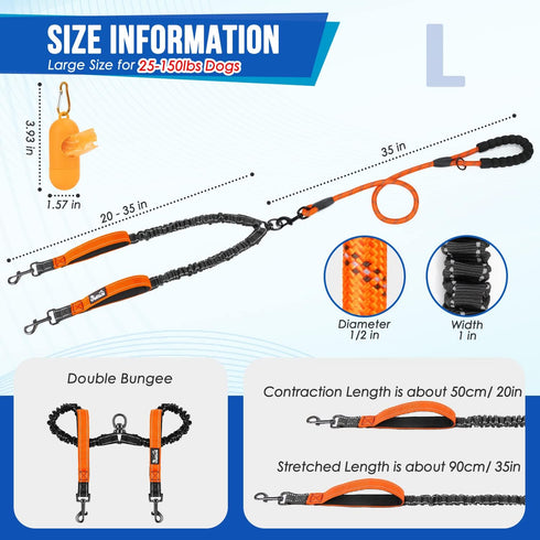 Lukovee Double Dog Leash - No Tangle 360° Swivel Heavy Duty Reflective Lead for Dogs (Orange, L)