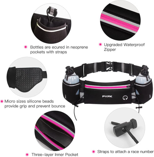 PYFK Upgraded Running Belt with Water Bottles, Hydration Pouch for Men and Women, Fits 7 inches Phones, Fanny Pack for