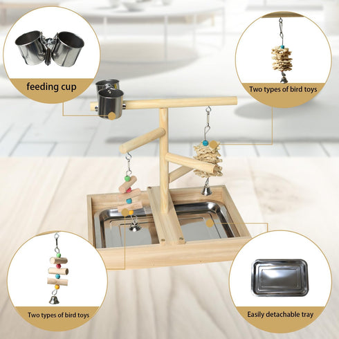 vibriskape Bird Playground, Natural Wood Bird Play Stand with Stand Perch, Two Toys, Two Food Cups, and Removable Tray