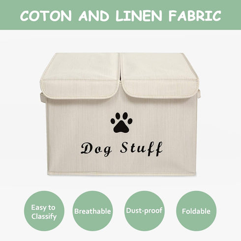 Geyecete Large Storage Boxes - Large Linen Fabric Foldable Storage Cubes Bin Box Containers with Lid and Handles for Dog Apparel & Accessories, Dog Toys(BambooiBeige) by Geyecete