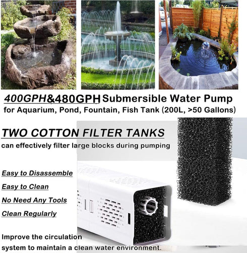 Ultra Quiet 4-in-1 Internal Aquarium Filter, 500-1800L/H Submersible Water Pump for Betta, Turtle, and Pond Fish (30W