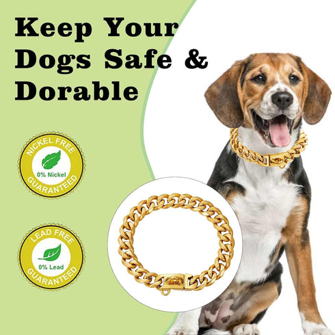 Stainless Steel Gold Dog Collars with Safety Buckle Lock, 18K Cuban Link Chain for Small Medium Large Dogs