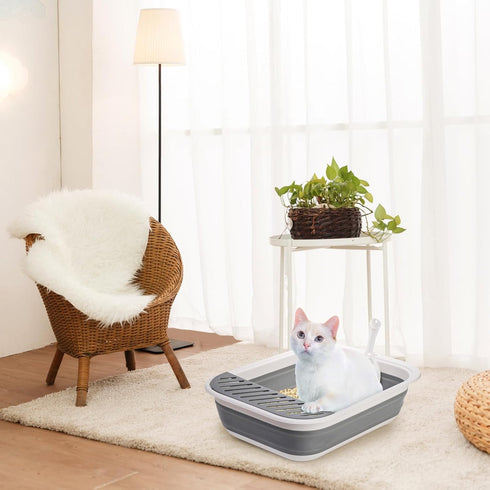 17.7'' Tlence Collapsible Small Cat Litter Box, Open Foldable Kittens Potty with Scoop, Shallow Anti Splash Travel Cat