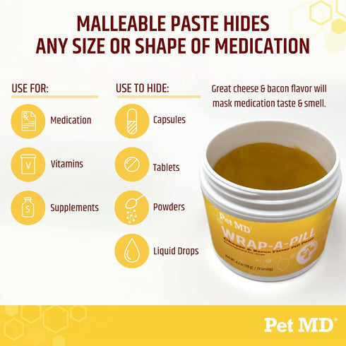 Pet MD Wrap A Pill Cheese & Bacon Flavor Pill Paste for Dogs - Make a Pocket or Pouch to Hide Pills & Medication, 4.2 oz