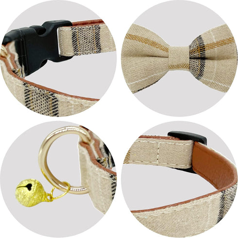 KUDES 2 Pack Dog Collars with Bow Tie and Bells, Adjustable Cute Dog Bow Ties Collar for Small Medium Large Pets (Beige