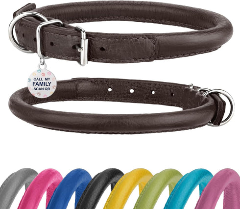 Soft Round Collars Rolled Leather Dog Collar, ID Tag for Small Medium Large Dogs (7-10 inch, Brown)