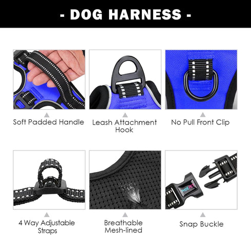 PHOEPET No Pull Dog Harness Medium, Reflective Front Clip Vest with Handle, Adjustable 2 Metal Rings 3 Buckles