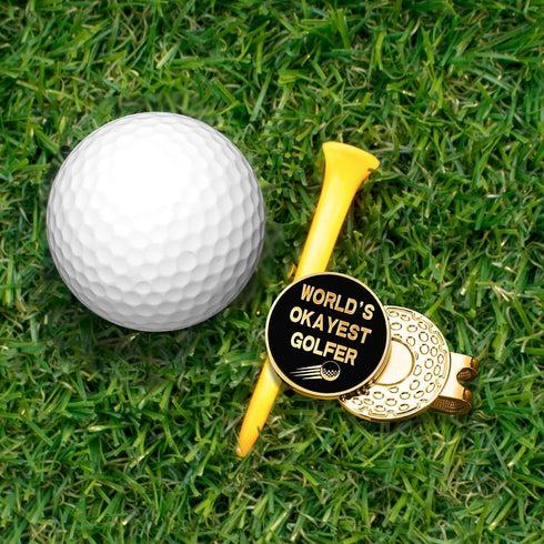 Hafhue World's Okayest Golfer Black Gold Golf Ball Marker with Hat Clip, Funny Gifts for Women Men Dad