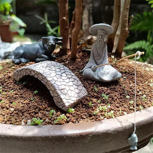 2Pcs Asian Japanese Sandstone Sitting Fishing Figurines, Mini Fisherman Statue Vintage Ornament for Fish Tank Garden