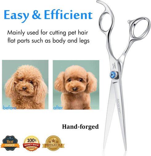 7" Trimming Offset JASON Straight Dog Grooming Scissors, Ergonomic Pets Grooming Shears, Premium Cats Kit with Handle