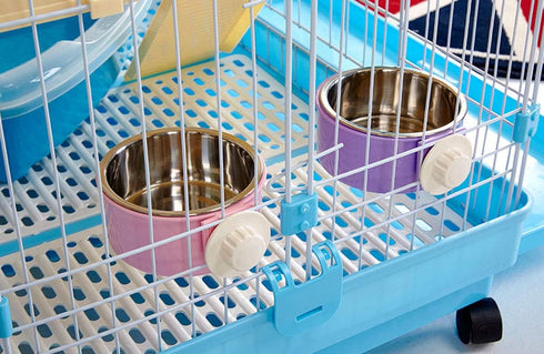 RUBYHOME 2-in-1 Dog Bowl & Feeder - Blue Plastic & Stainless Steel Hanging Food Basin for Crates & Cages
