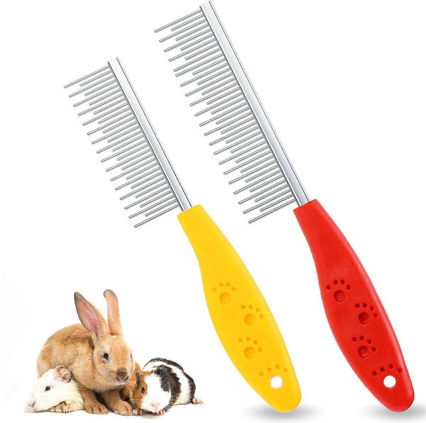 Patelai 2 Pieces Pet Hair Comb, Stainless Steel Grooming Comb for Small Dogs, Cats, Rabbits, Red and Yellow