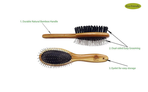 Double Sided Dog Brush for Long or Short Haired Dogs, Eco-Friendly Bamboo Grooming Tool for Deshedding