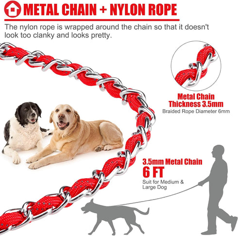 Homimp Reflective Chain Dog Leash, Chew Proof Metal Leash for Large Dogs, 6 FT with Soft Padded Handle (Red)