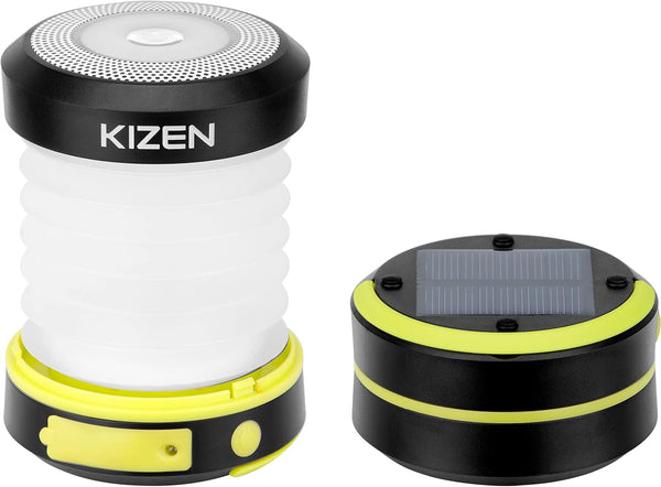 KIZEN Solar Camping Lantern - LED Emergency Flashlight, Collapsible Lamp, Rechargeable with Solar or Plug