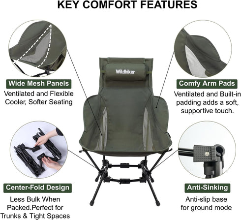 Wildhiker Compact High Back Camping Chair - Foldable with Dual Sitting Modes, Pillow, Arm Pads and Side Pockets