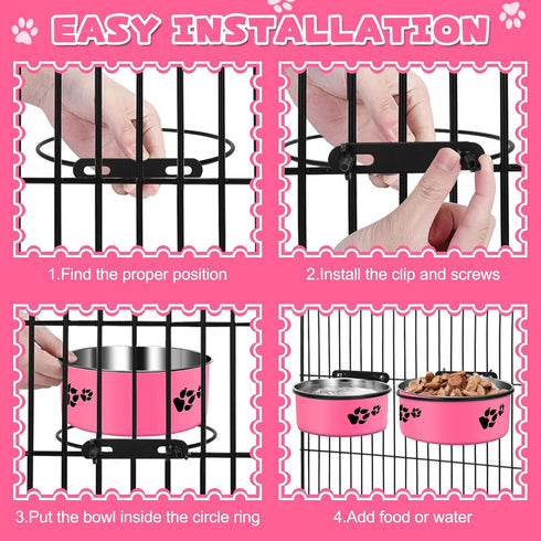 2 Pack Mountable Stainless Steel Kennel Bowls for Dogs, No Spill Hanging Water Bowls with Clamp Holder (Hot Pink)