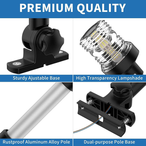 2NM 360 IP67 Boats(12'' Obcursco Boat Stern Lights, LED Anchor Light, Waterproof Bimini Top Lighting, Fold-Down White