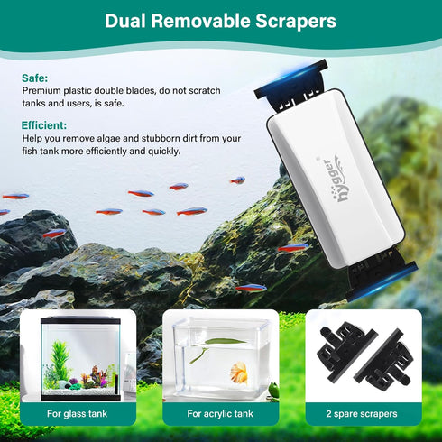 4 hygger Magnetic Aquarium Glass Cleaner, Dual-Blades Algae Fish Tank Glass Cleaner Brush with Detachable Algae