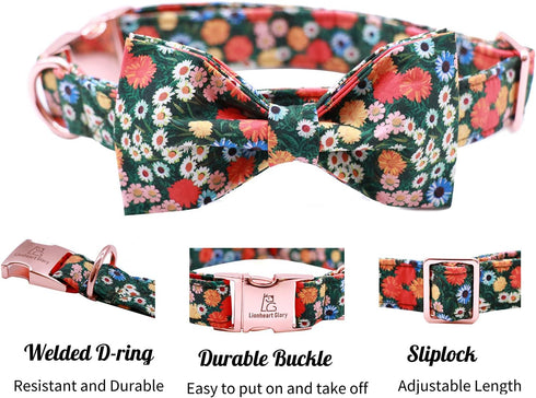 Lionheart Glory Floral Print Dog Collar with Bowtie, Adjustable Soft Collar for X-Small to Large Dogs
