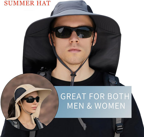 Sun Hat for Men Women - UPF 50+ UV Protective Hiking Fishing Wide Brim Sun Hat with Neck Flap