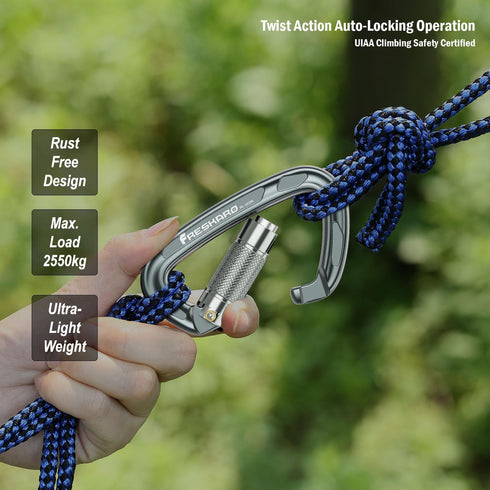 FresKaro 4inches Climbing Carabiners, UIAA CE Certified, Twist Auto Locking, Made of 7075 Aluminium, Lightweight