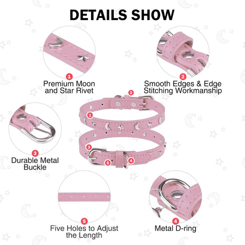 Leather Dog Collar for Puppy Small Medium Dogs, Adjustable Star and Moon Studded Pet Collars with Rust-Proof Metal