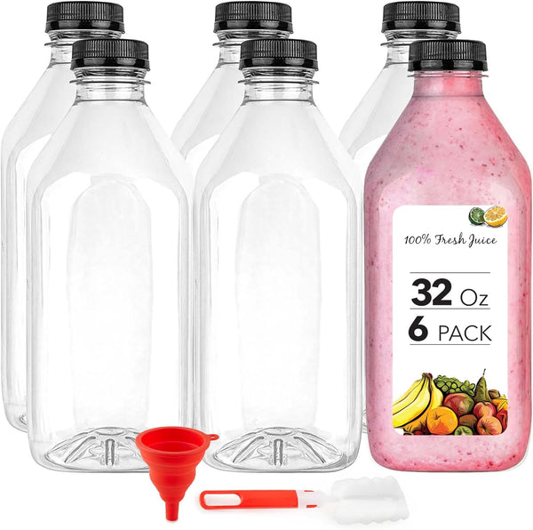 32 Oz Juice Bottles with Caps (6 Pack) - Reusable Clear Plastic