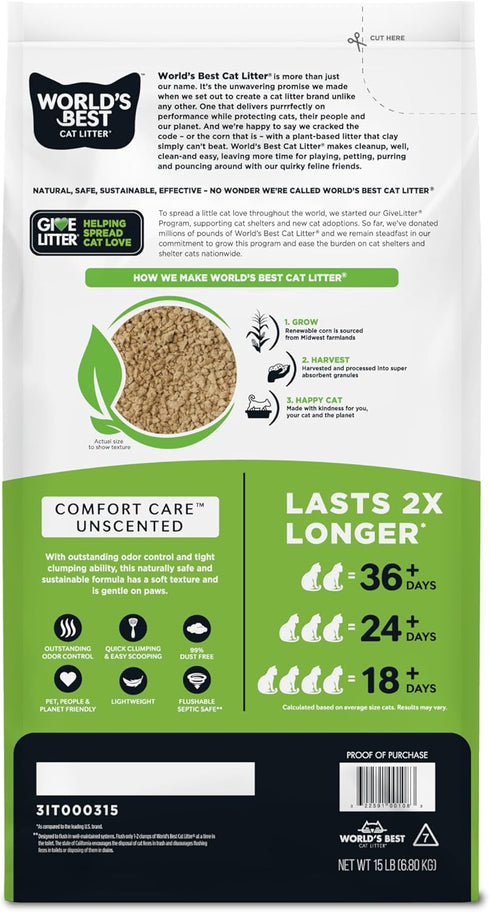 WORLD'S BEST CAT LITTER Comfort Care Unscented 15-Pounds - Quick Clumping, Flushable, 99% Dust Free, Natural