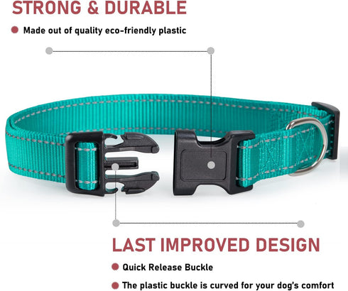 Reflective Dog Collar Adjustable Safety Nylon for Small Medium Large Dogs, Green L