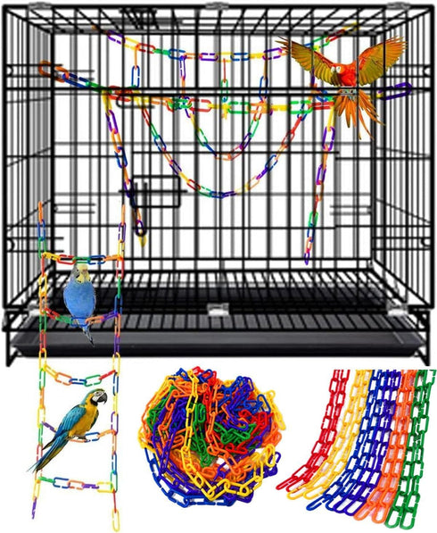 200-Piece Rainbow Plastic Chain Links & Toys, Interlocking C-Clip Bird Cage Accessories for Parakeets, Small Pets