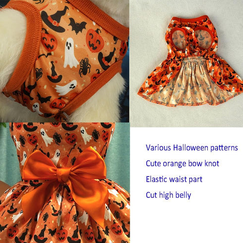 ANIAC Halloween Puppy Dress for Small Dogs, Pumpkin Ghost Cat Costumes with Orange Bow Tie (Large, Orange)