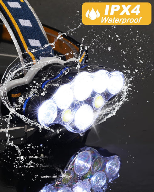 Rechargeable Headlamp, 8 LED Flashlight 18000 Lumen, 8 Modes with White Red Lights, Waterproof Head Lamp for Outdoor