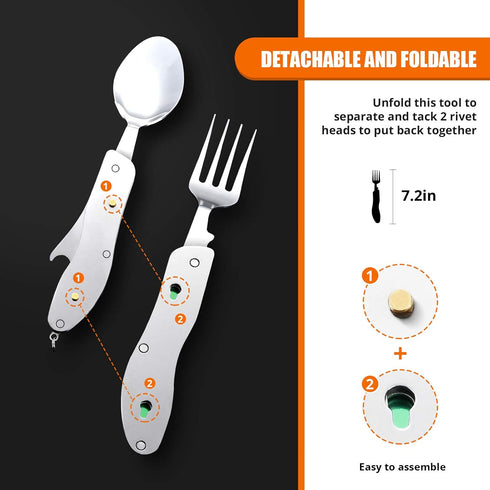 HIKENTURE Camping Utensils 2 Pack - 4-In-1 Stainless Steel Spoon Fork Knife Set for Backpacking Travel