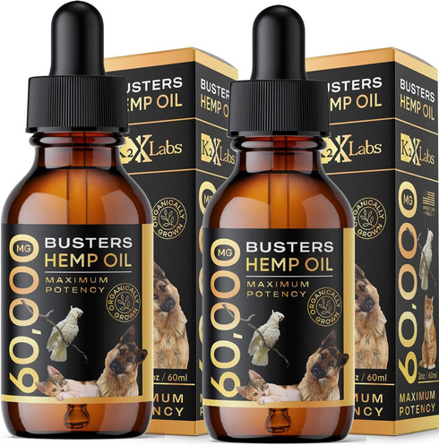 Buster's Organic Hemp Oil 60ml 2-Pack - Max Potency for Dogs & Cats, Omega Rich 3, 6 & 9, Natural Relief