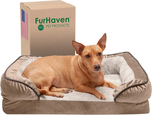 Furhaven Orthopedic Dog Bed for Medium/Small Dogs, Removable Bolsters & Washable Cover, Plush Velvet Waves, Brownstone,