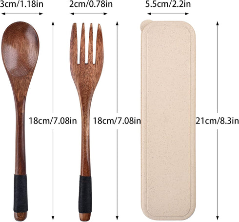 Wooden Cutlery Set with Case - Reusable Spoon and Fork Set, Portable for Lunch, Camping, Travel, Household Office