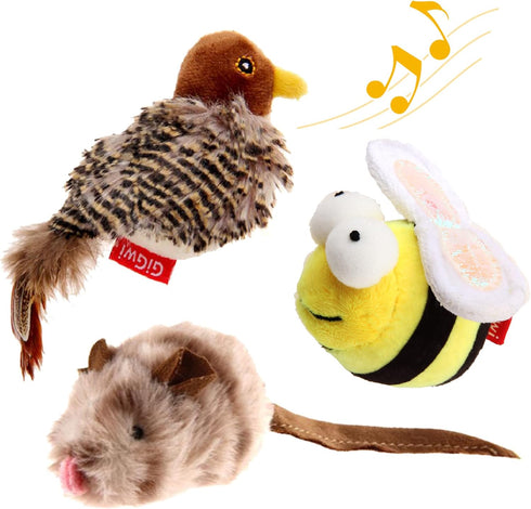 Gigwi Interactive Cat Toys, Animal Sound Bird/Mouse/Bee Interactive Squeaking Toys for Cats
