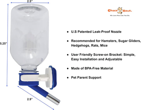 Choco Nose Mini No-Drip Water Bottle/Feeder - 10.2oz for Small Pets, Blue (C125)