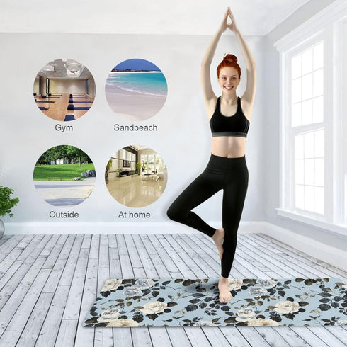 HXshaoye 71x26 inches 1 MM Elegant Vintage Flower Rose White Baby Blue thin yoga mat non slip for outdoor printed