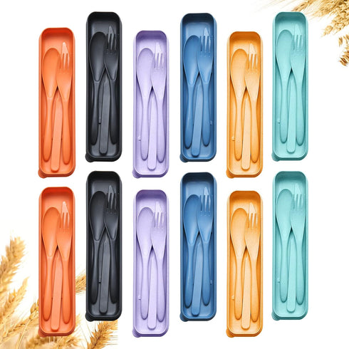 Reusable Travel Utensils Set with Case, 12 Sets Wheat Straw Portable Cutlery, Eco-Friendly BPA Free Lunch Tableware for