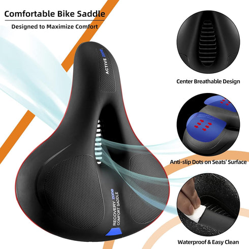 ROCKBROS Comfort Bike Seat, Soft Wide Saddle for Men and Women, Dual Shock Absorbing with Reflective Strip