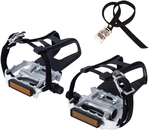 YBEKI Bike Pedals with Clips and Straps, 9/16-Inch Spindle Resin/Alloy for Exercise and Outdoor Bicycles