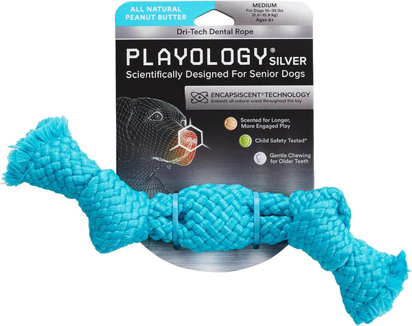 Playology Silver Dri-Tech Dental Rope Dog Toy for Medium Senior Dogs (15-35lbs), All-Natural Peanut Butter Scented Chew