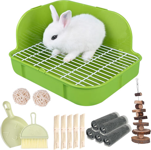 RUBYHOME Rabbit Litter Box Toilet, Plastic Square Cage Box for Small Animals, 11.4 Inches (Green)
