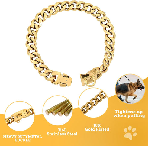 BAOBOTE 19mm Gold Chain Dog Collar - Luxurious Gold Cuban Link with Secure Snap Buckle for Large Pitbulls (22" Gold)